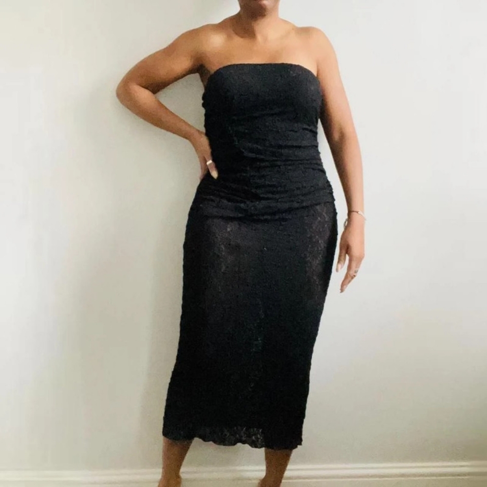 Zara black lace strapless midi dress